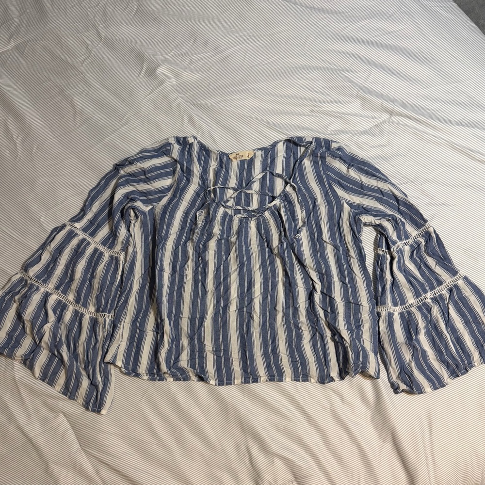 Hollister Large Blue & White Striped Lace Up Ruffle Bell Sleeve Blouse Top Boho